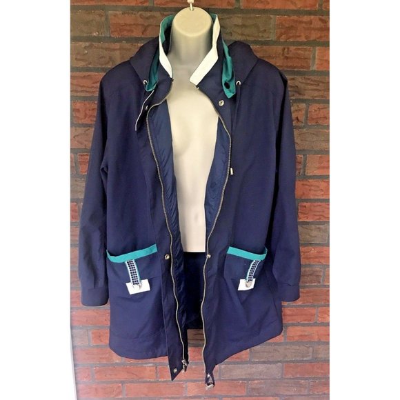 Vintage Rain Jacket Medium Blue Green Shoulder Pads Zipper CS Essentials Retro - Picture 1 of 5
